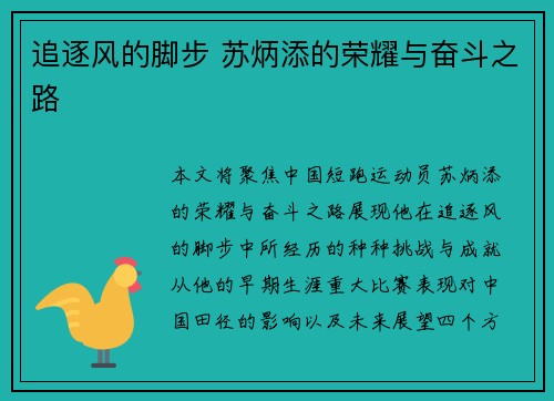 追逐风的脚步 苏炳添的荣耀与奋斗之路