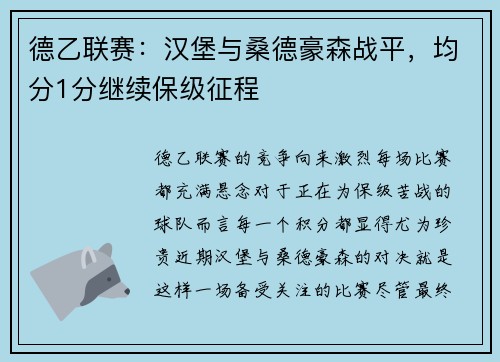 德乙联赛：汉堡与桑德豪森战平，均分1分继续保级征程